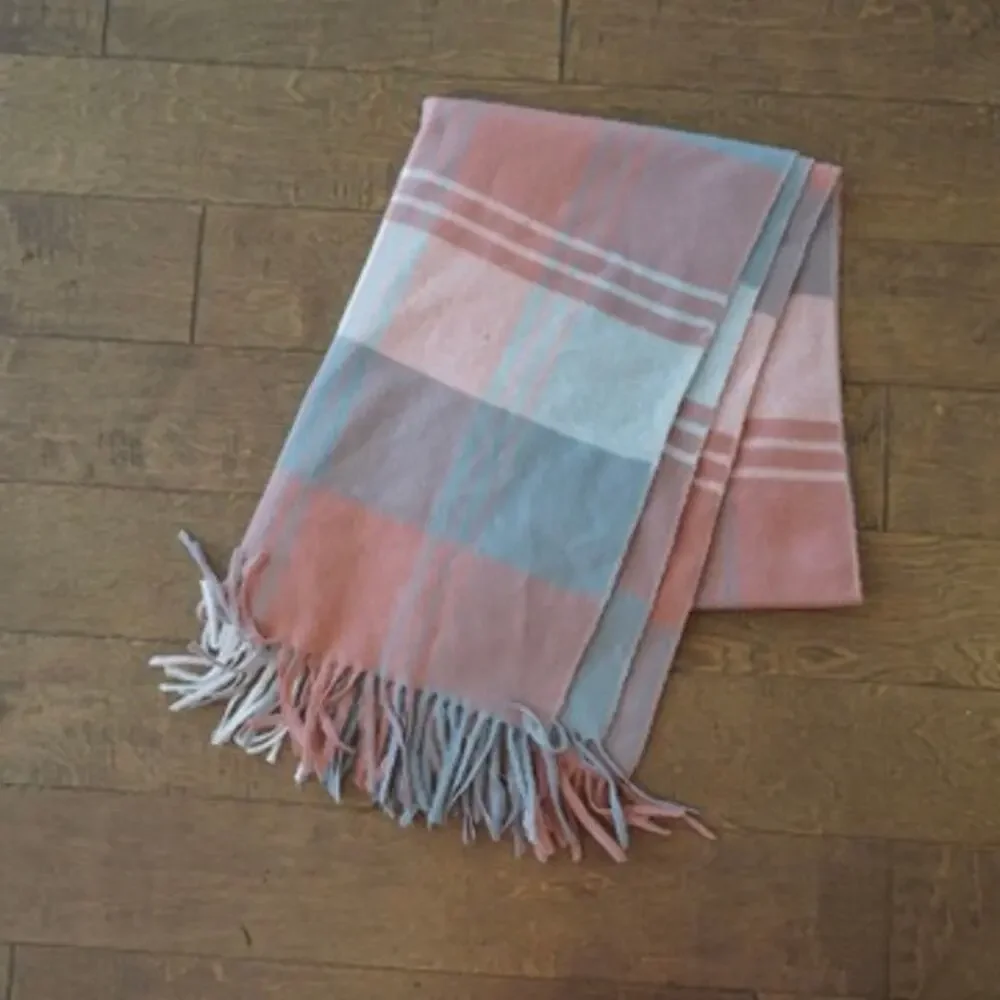 Lerdu Cashmere Wool Scarf Plaid Pink Blue Fringe Rectangle Wrap Shawl New